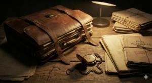 حقيبة أعمال جلدية قديمة وساعة جيب ترمز لثقل المسؤوليات وضغط الزمن في منتصف العمر، في مقال يشرح لماذا يعتبر القلق عدو الآباء.