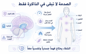 إنفوجراف يشرح كيف تؤثر الصدمة النفسية على الدماغ والجسد، من تنشيط نظام الخوف والذاكرة إلى التوتر الجسدي والتنفس الضحل وحالة التأهب المستمرة - عالم الأدب - كتب عن التروما - التعافي من الصدمات النفسية