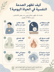 إنفوجراف يوضح ست طرق قد تظهر بها الصدمة النفسية في الحياة اليومية مثل الخوف المفاجئ، القلق الليلي، التوتر الجسدي، الغضب السريع، صعوبة الثقة، والذكريات المشوشة - عالم الأدب