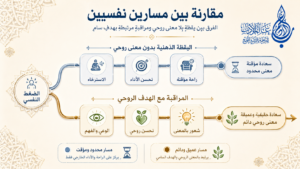 الفرق في الهدف: مسار اليقظة الذهنية المادية (يسار) يؤدي إلى سعادة مؤقتة ومعنى محدود، بينما مسار المراقبة الإسلامية (يمين) مع الهدف الروحي السامي يؤدي إلى سعادة عميقة ومعنى روحي دائم - عالم الأدب