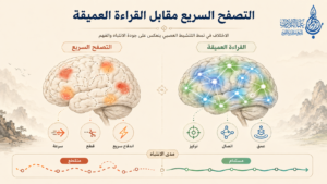 المقارنة العصبية بين التصفح السريع والقراءة العميقة يظهر الدماغ الأيسر مناطق نشاط محدودة ومتقطعة عند التصفح، بينما يظهر الدماغ الأيمن شبكة متصلة وموسعة من النشاط العصبي عند القراءة العميقة - عالم الأدب