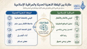 المقارنة بين اليقظة الذهنية الحديثة (يسار، أزرق) والمراقبة الإسلامية (يمين، أخضر): كلاهما يشترك في نفس الآليات العصبية والتأثيرات النفسية، لكن المراقبة الإسلامية تضيف بعداً روحياً أعمق والهدفاً سامياً