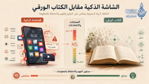 المقارنة بين بيئة القراءة الرقمية (يسار) المحاطة بالإشعارات والمشتتات، وبيئة القراءة الورقية (يمين) الهادئة والمركزة يوضح الفرق في مستوى التركيز والفهم
