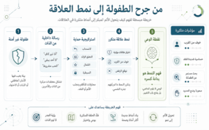 خريطة تحليل نفسية توضح كيف يمكن أن تتحول صدمات الطفولة إلى رسائل داخلية عن الذات، ثم استراتيجيات حماية، ثم أنماط متكررة في العلاقات مثل الخوف من القرب وتوقع الرفض - عالم الأدب