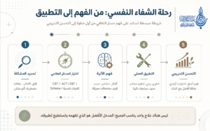 خريطة رحلة عربية توضح مراحل الشفاء النفسي من تحديد المشكلة واختيار المدخل العلاجي المناسب إلى فهم الآلية والتطبيق العملي والتحسن التدريجي. - عالم الأدب