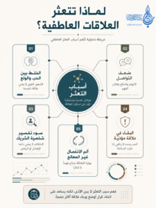 إنفوجراف عربي تحليلي يوضح خمسة أسباب لتعثر العلاقات العاطفية، مثل الخلط بين الحب والولع، ضعف التواصل، سوء فهم شخصية الشريك، البقاء في علاقة مؤذية، وألم الانفصال غير المعالج - عالم الأدب