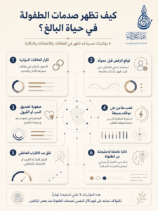 إنفوجراف عربي احترافي يوضح ستة مؤشرات قد تظهر بها صدمات الطفولة في حياة البالغين، مثل تكرار العلاقات المؤذية، توقع الرفض، القلق العاطفي، الغضب المفاجئ، وصعوبة تصديق الحب. - عالم الأدب