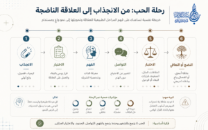 خريطة رحلة عربية توضح مراحل الحب من الانجذاب والاختيار إلى الفهم والتواصل والاختبار ثم النضج أو التعافي بعد الانفصال.  عالم الأدب