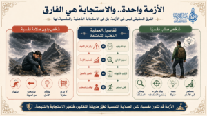 مقارنة ردود الفعل على نفس الأزمة: شخص بدون صلابة نفسية (يسار) ينهار ويستسلم، بينما شخص صلب نفسياً (يمين) يحلل ويجد حلولاً - الفرق في الاستجابة الذهنية وليس الأزمة ذاتها - عالم الأدب